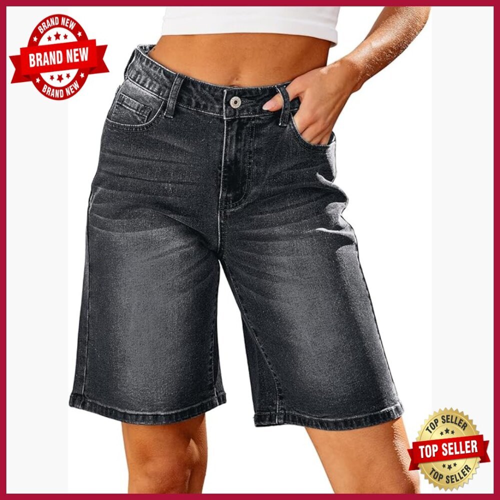 High Waisted Stretchy Denim Bermuda Shorts Women's Knee Length Loose Fit